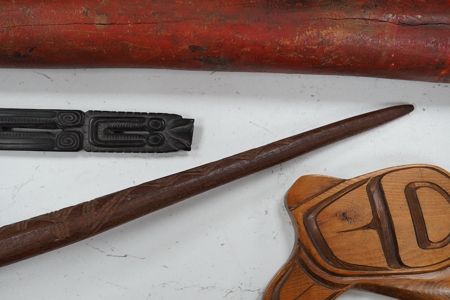 A group of tribal carvings including Maori and Aboriginal, longest 115 cm. Condition - good
